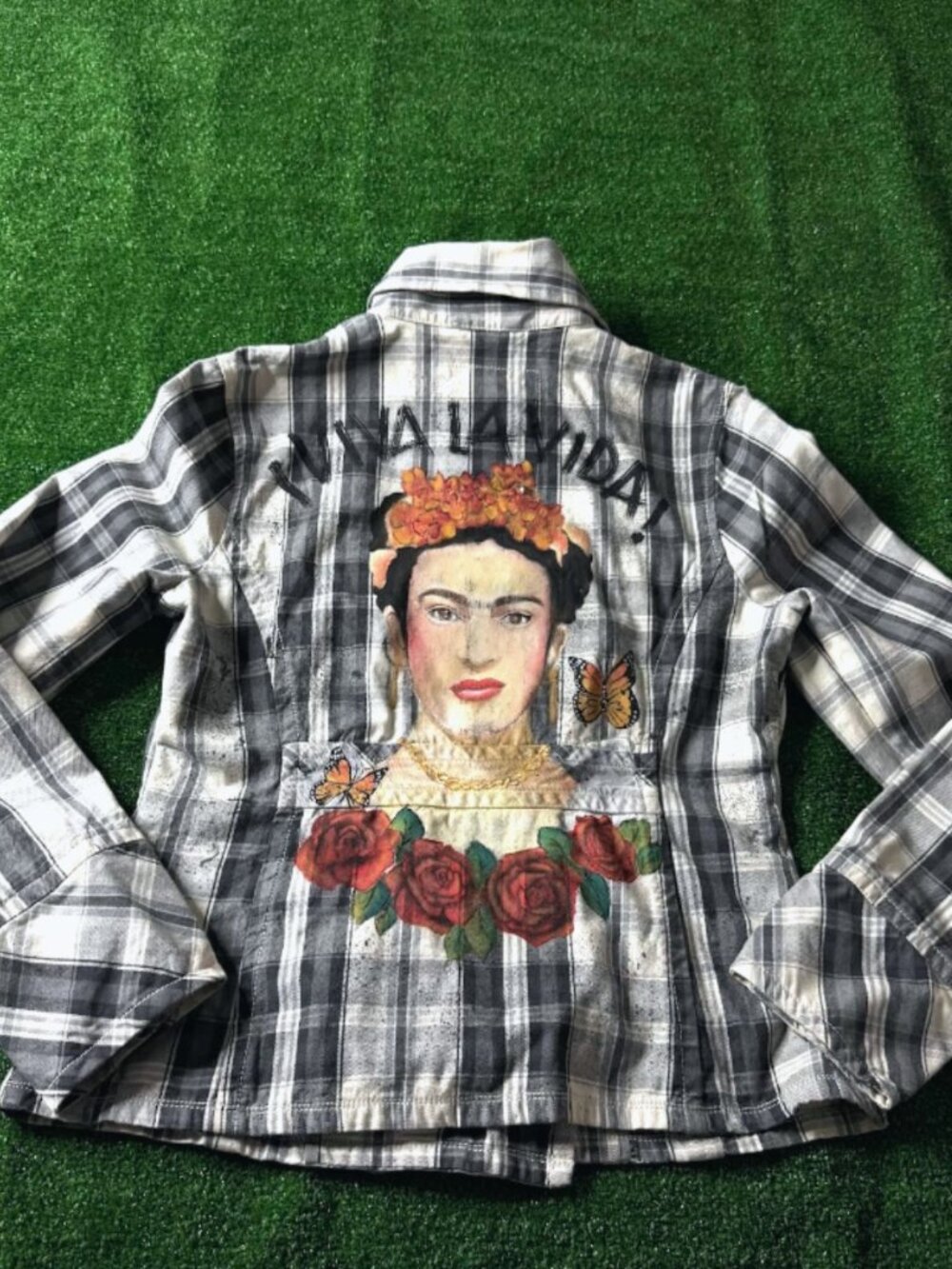 Frida Kahlo Hand Painted Art Gray Plaid Aéropostale Pea coa Jacket Junior Size L
